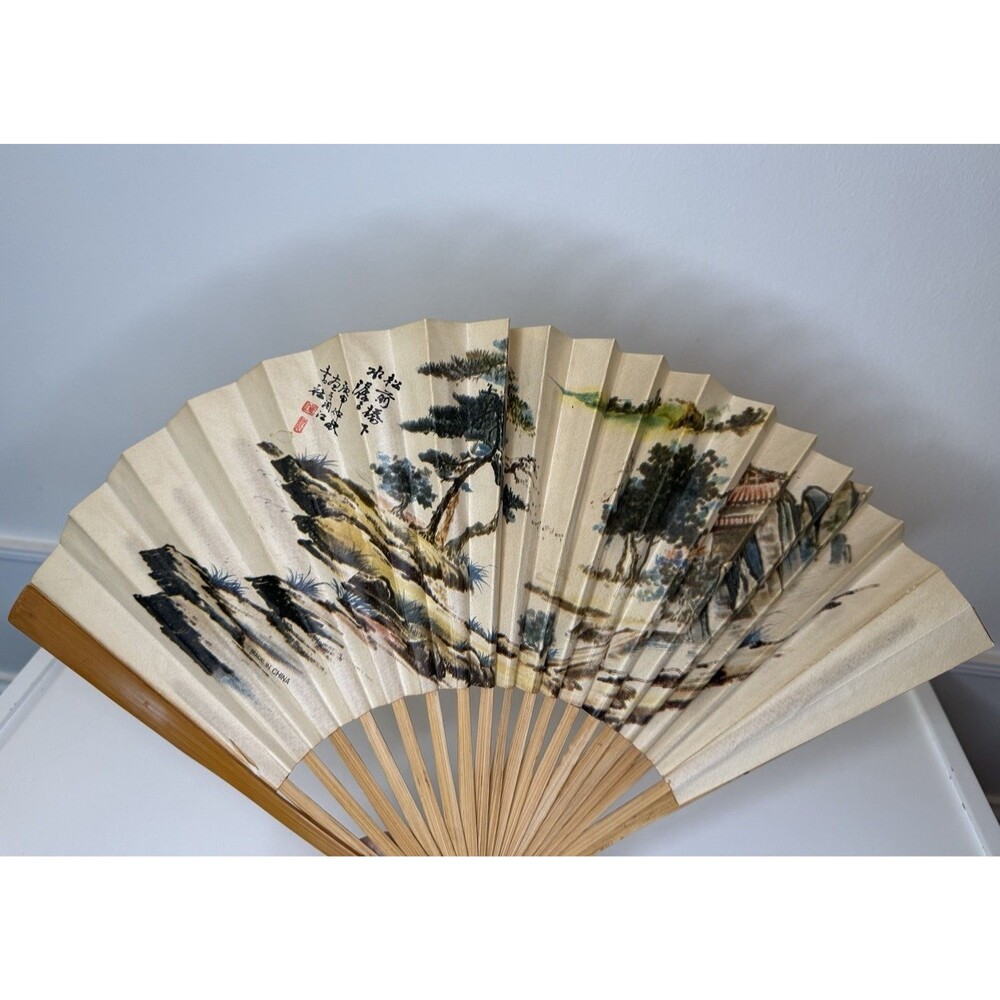 Vintage Chinese Hand Painted Folding Hand Fan Bamboo Landscape Calligraphy 10”